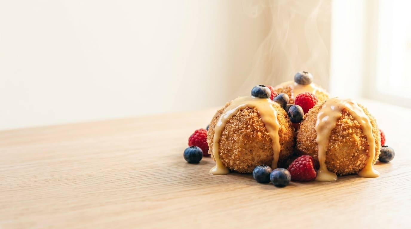 Nougat-Knödel mit Butterbröseln, Vanillesauce und Waldbeeren