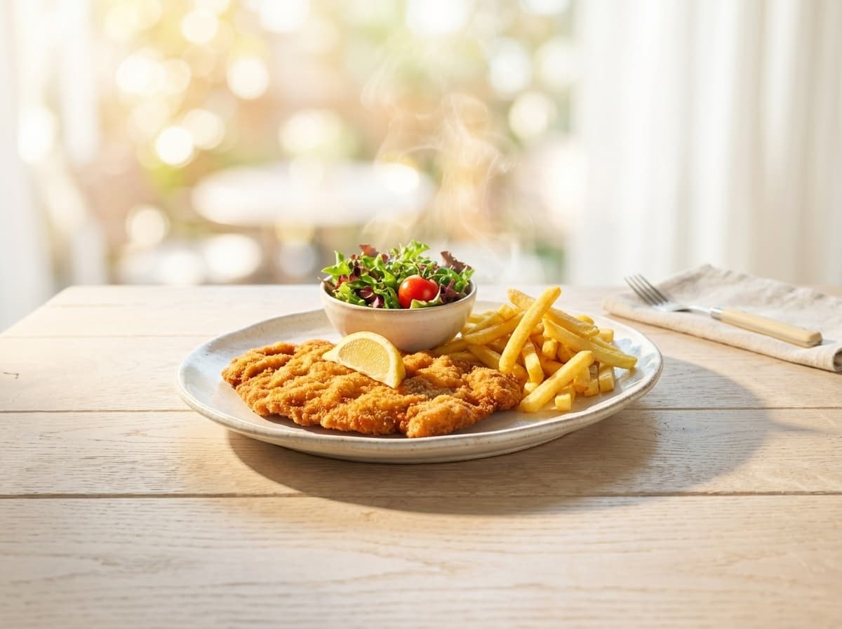 Goldbraunes Wiener Schnitzel mit Pommes — zum Mitnehmen in Zürich