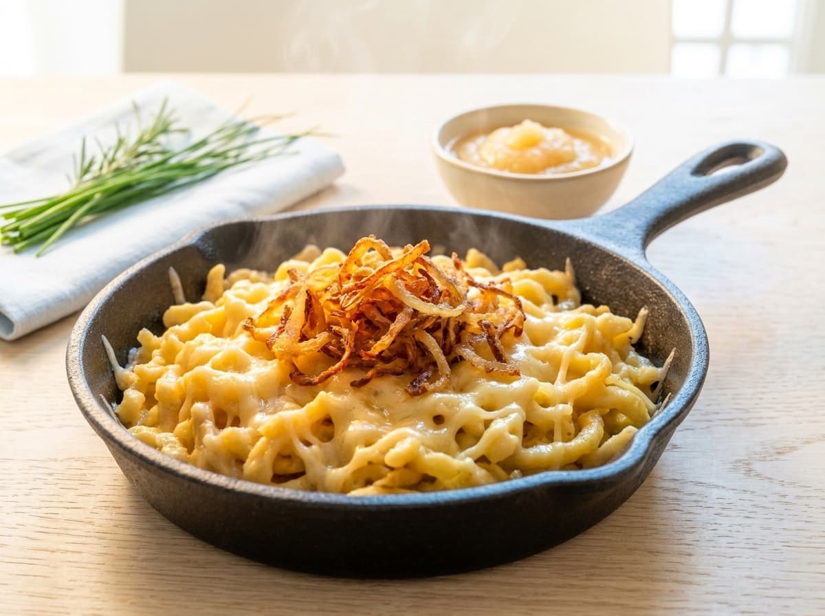 Vorarlberger Käsespätzle im Topf mit Röstzwiebeln — Spätzle Zürich