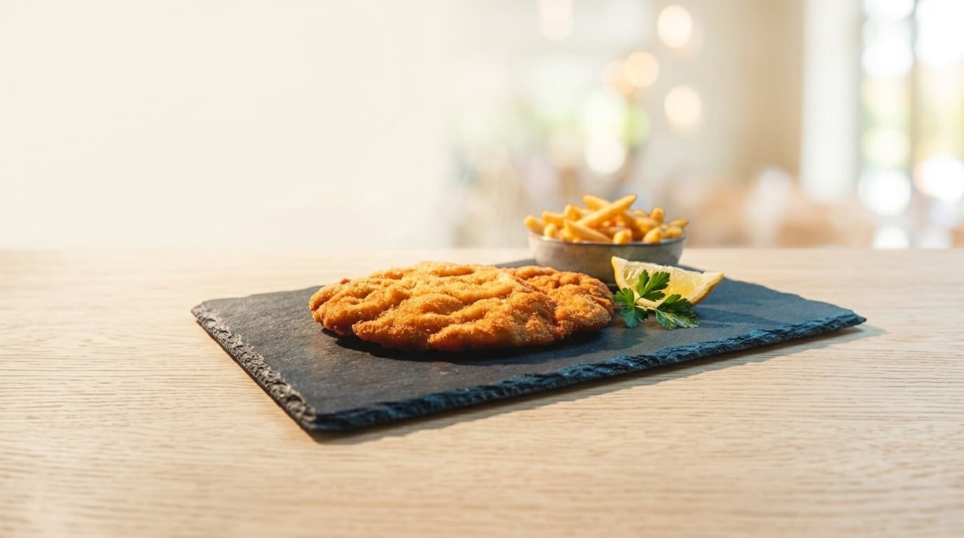 Goldenes Wiener Schnitzel in nächtlicher Küche