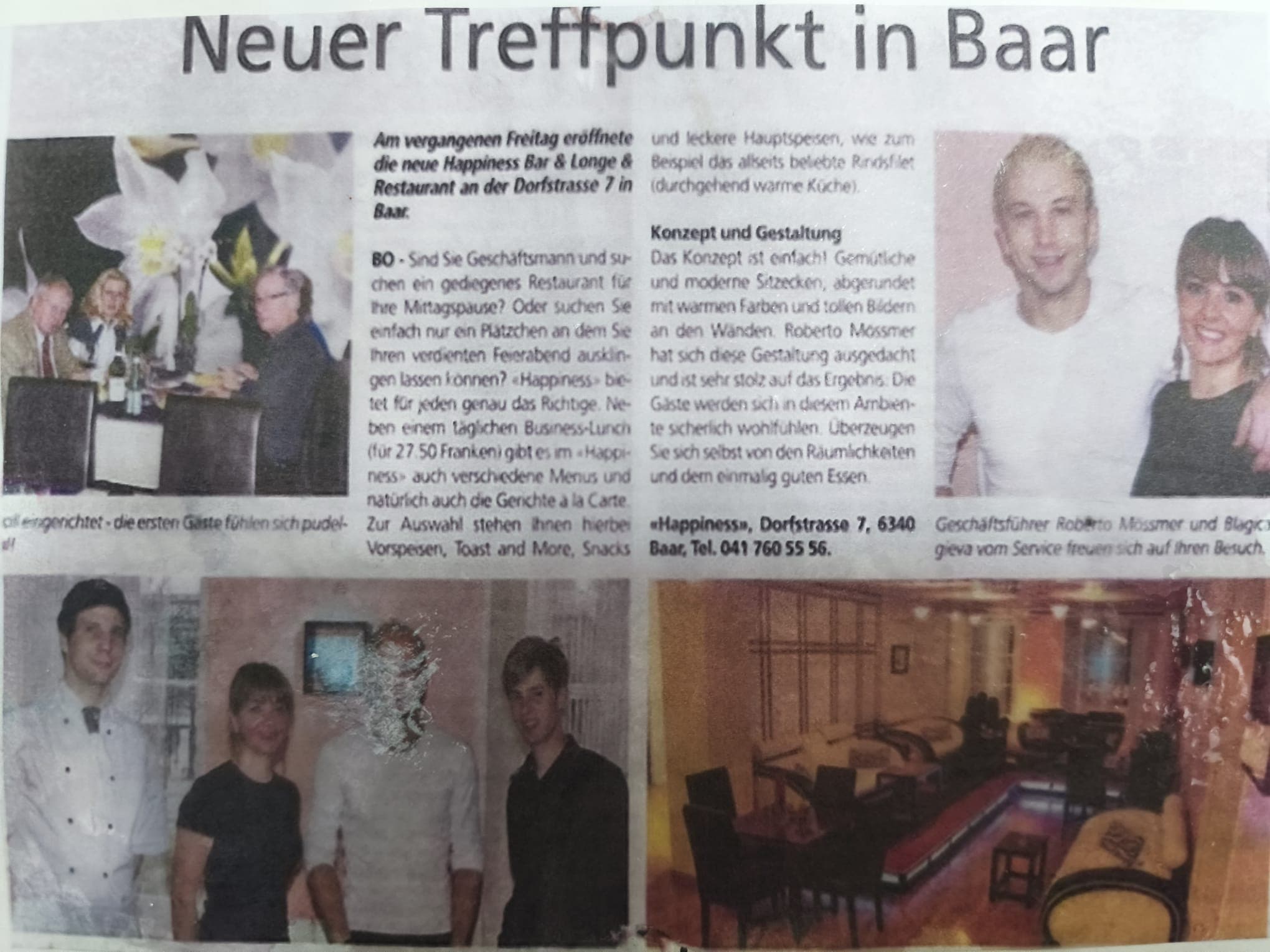 Zeitungsartikel «Neuer Treffpunkt in Baar» über die Eröffnung des Happiness Restaurant, Bar & Lounge